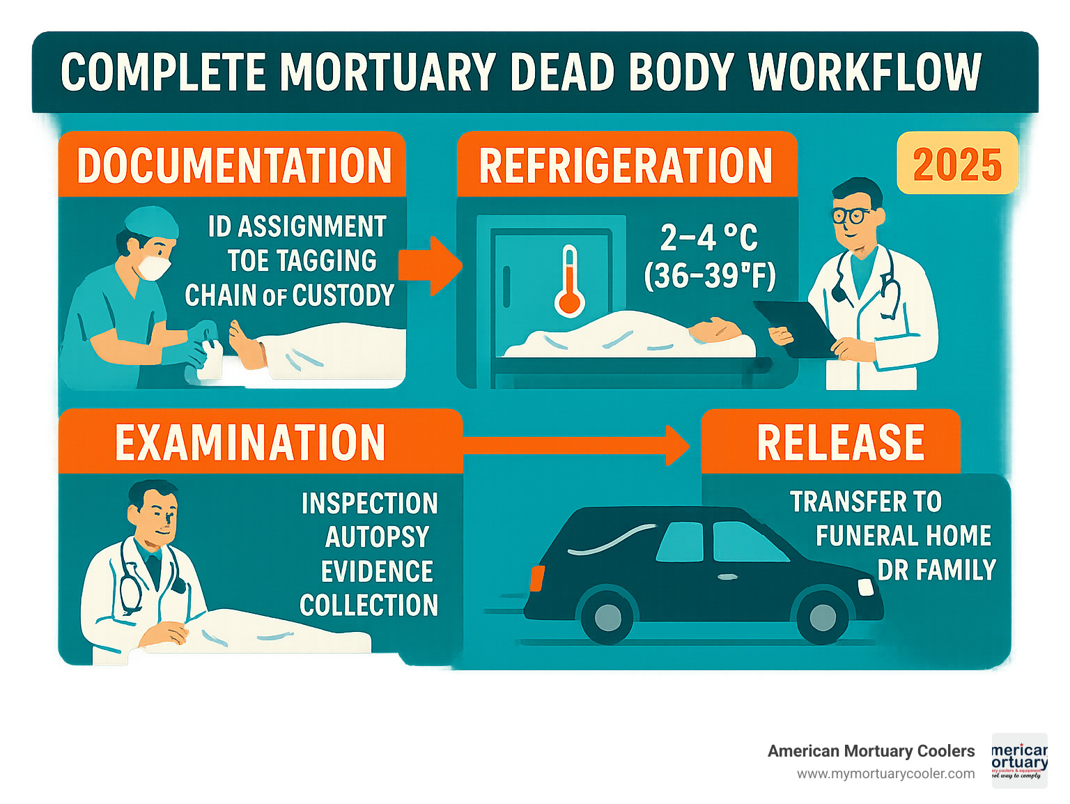 Complete mortuary dead body workflow from arrival through final disposition, showing documentation, refrigeration, examination, and release procedures with temperature requirements and timeframes - mortuary dead body infographic 