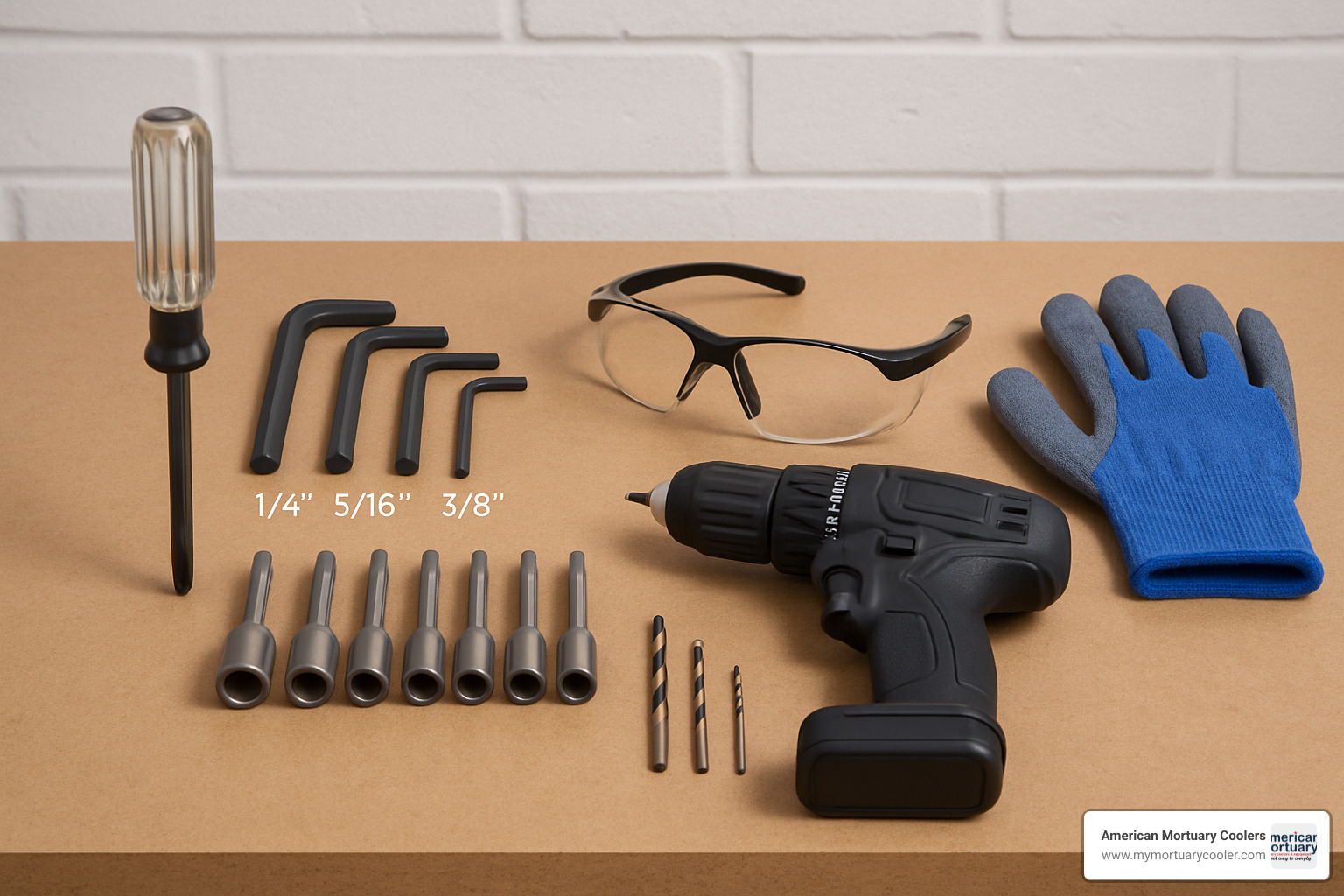 Complete tool kit for walk-in cooler handle replacement showing screwdrivers, hex wrenches, drill bits, and safety equipment - walk in cooler handle