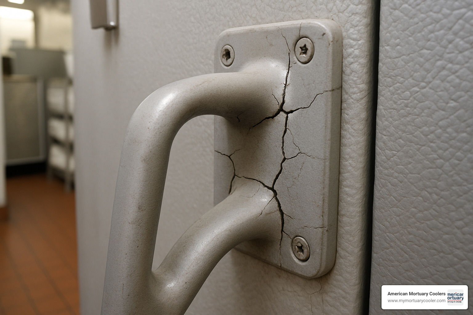 Cracked walk-in cooler handle showing stress fractures around mounting points - walk in cooler handle