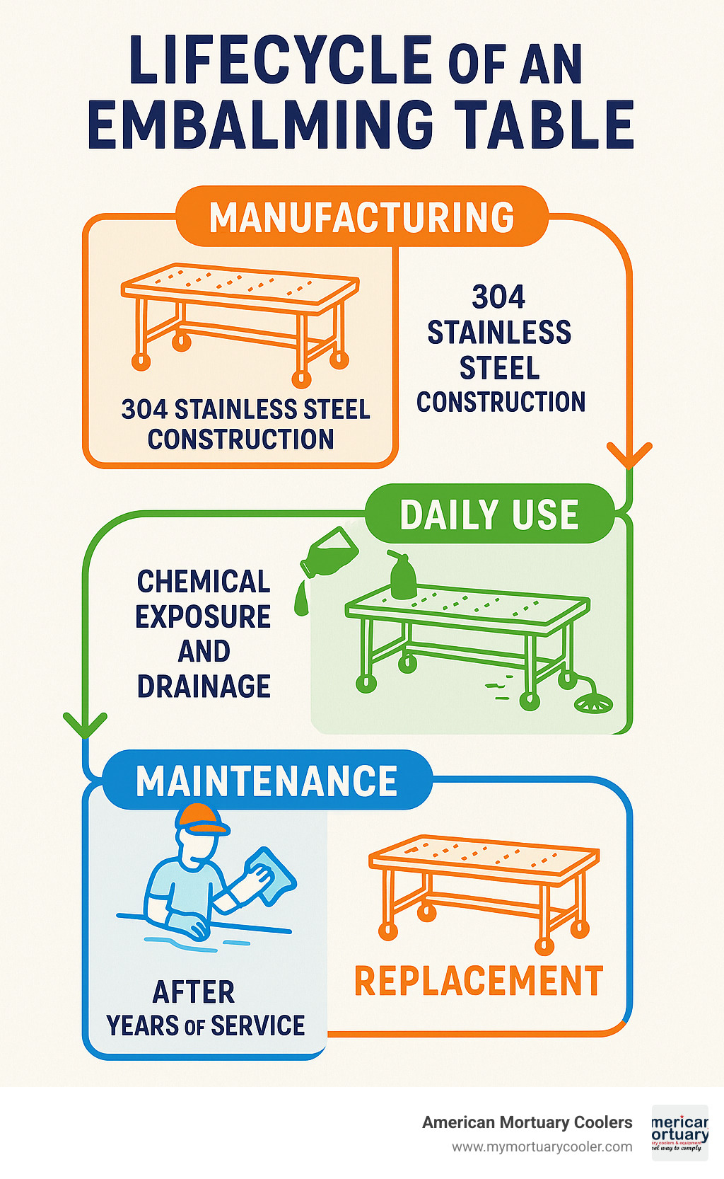 Detailed infographic showing the lifecycle of an embalming table from manufacturing with 304 stainless steel construction, through daily use with chemical exposure and drainage, to maintenance cleaning and eventual replacement after years of service - embalming-tables infographic 