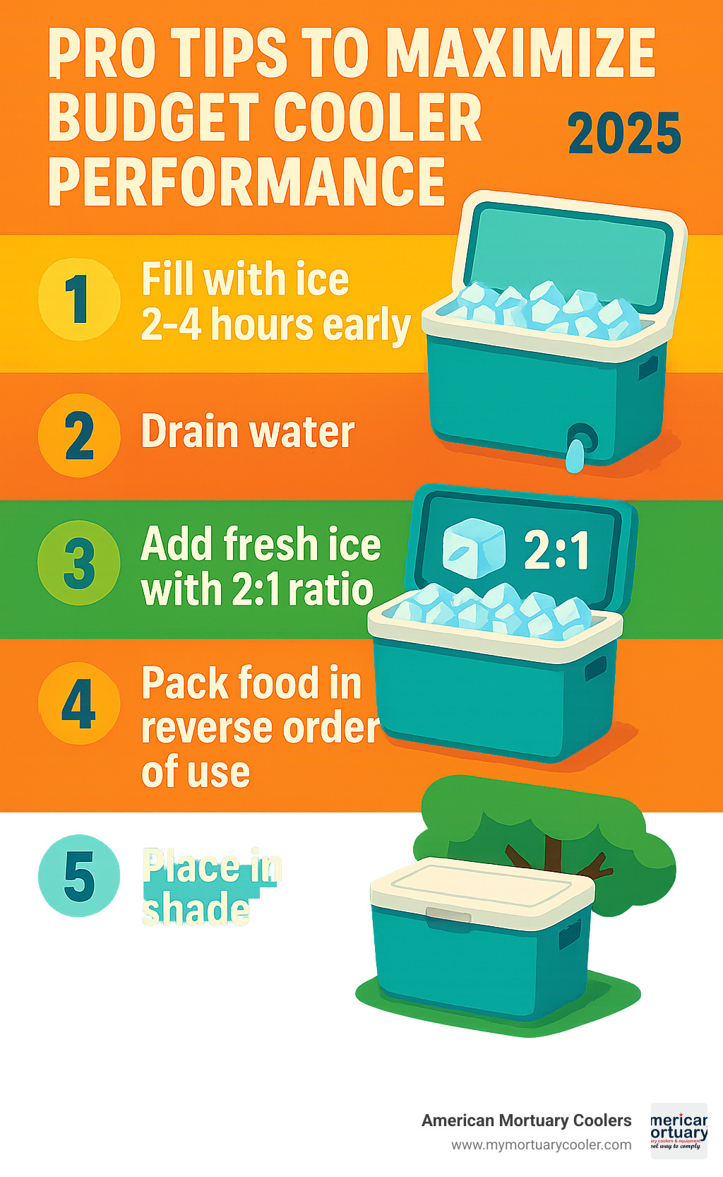 Infographic showing pre-chill steps: 1) Fill with ice 2-4 hours early, 2) Drain water, 3) Add fresh ice with 2:1 ratio, 4) Pack food in reverse order of use, 5) Place in shade - best budget cooler infographic 