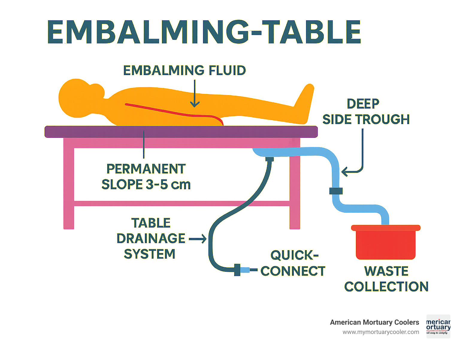 Detailed infographic showing embalming fluid flow path from body through table drainage system to waste collection, including trough design, gradient angles, and connection points - embalming-table- infographic 
