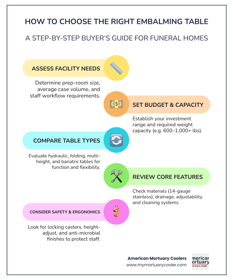 Comprehensive infographic showing embalming table selection decision tree with branches for budget ranges, facility size, volume requirements, and feature priorities leading to recommended table types - embalming-table- infographic infographic-line-5-steps-colors