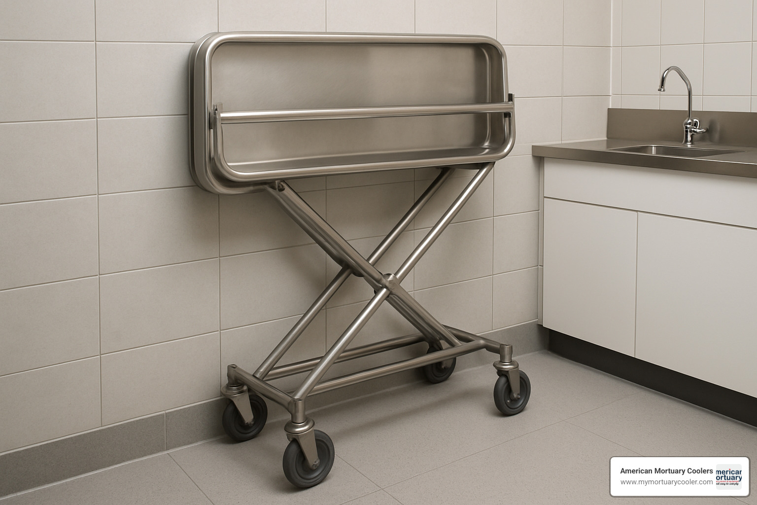 folding embalming table in storage position against prep room wall - embalming-table-