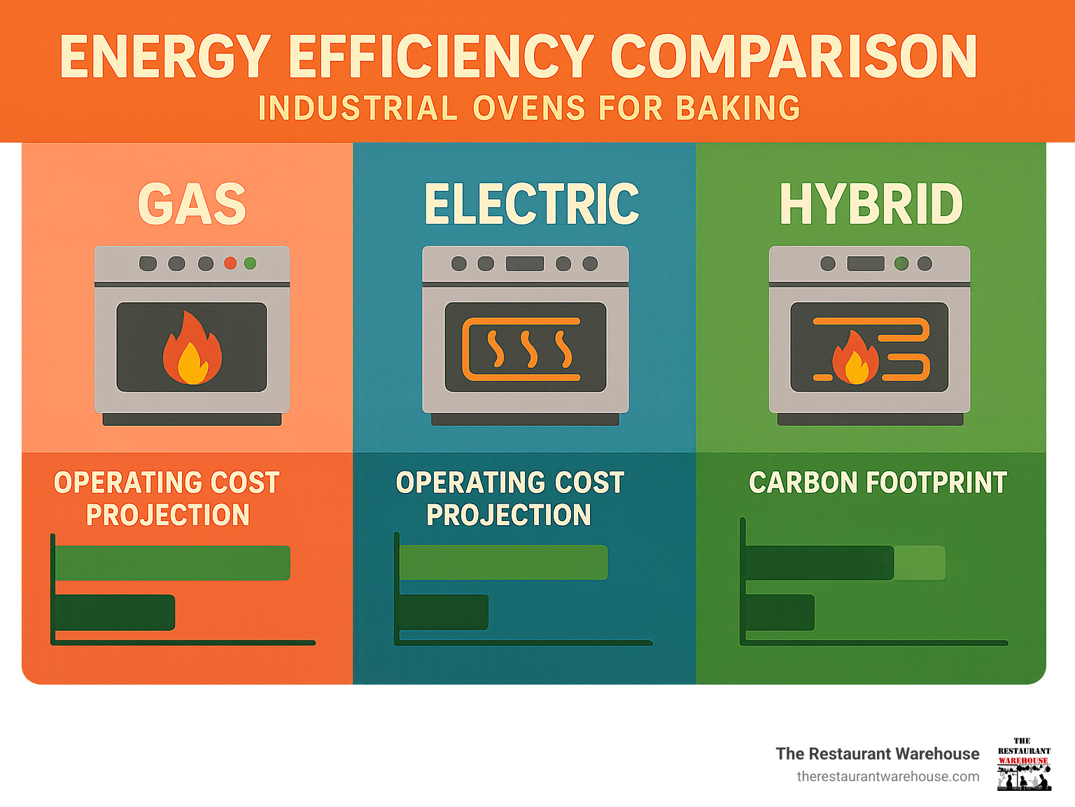 Energy efficiency comparison chart showing gas vs electric vs hybrid industrial ovens with operating cost projections and carbon footprint analysis - industrial ovens for baking infographic