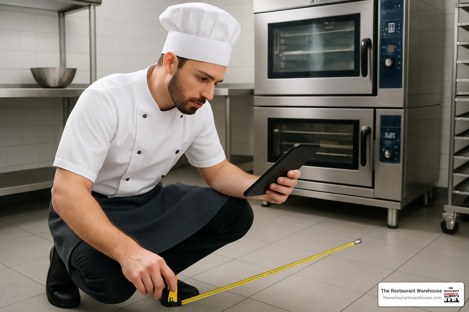 Baker measuring commercial kitchen floor space while reviewing oven specifications on tablet - industrial ovens for baking