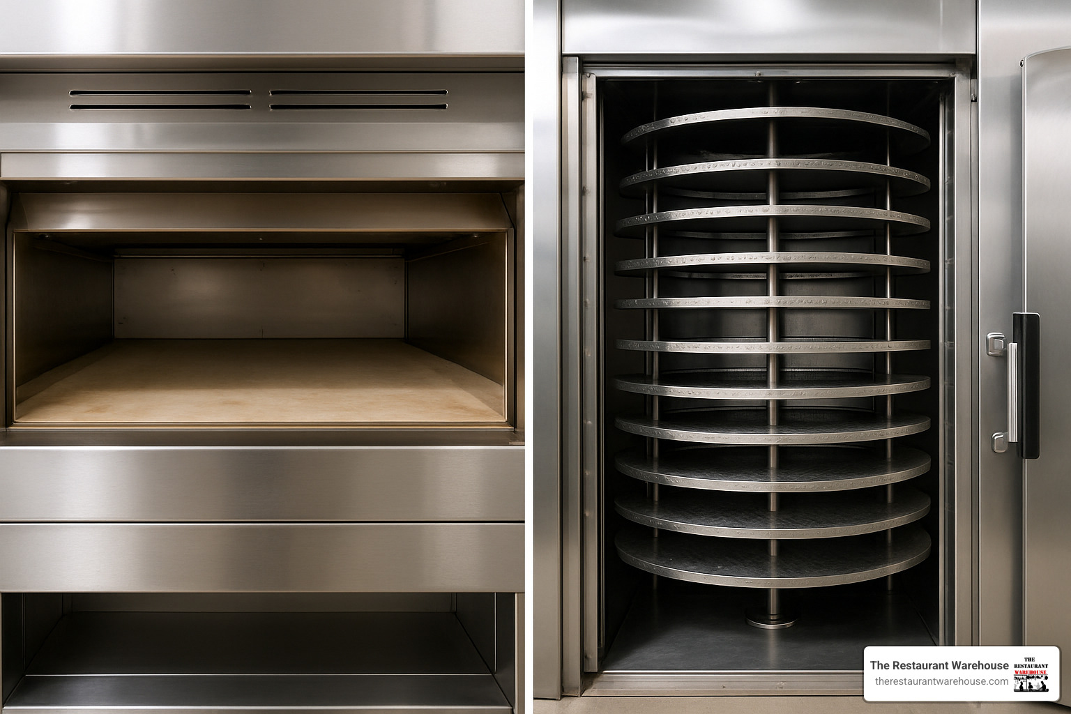Side-by-side comparison of deck oven stone surface versus rack oven with rotating shelves - industrial ovens for baking