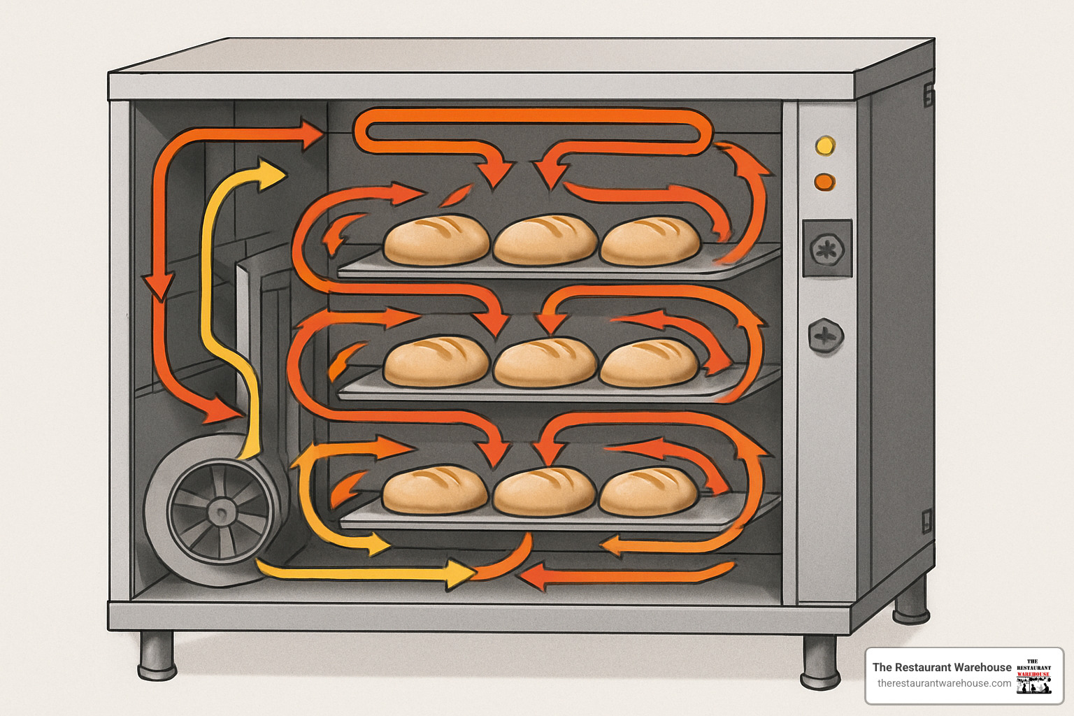 Cross-section view of industrial convection oven showing airflow patterns, heating elements, and multi-level baking chambers - industrial ovens for baking