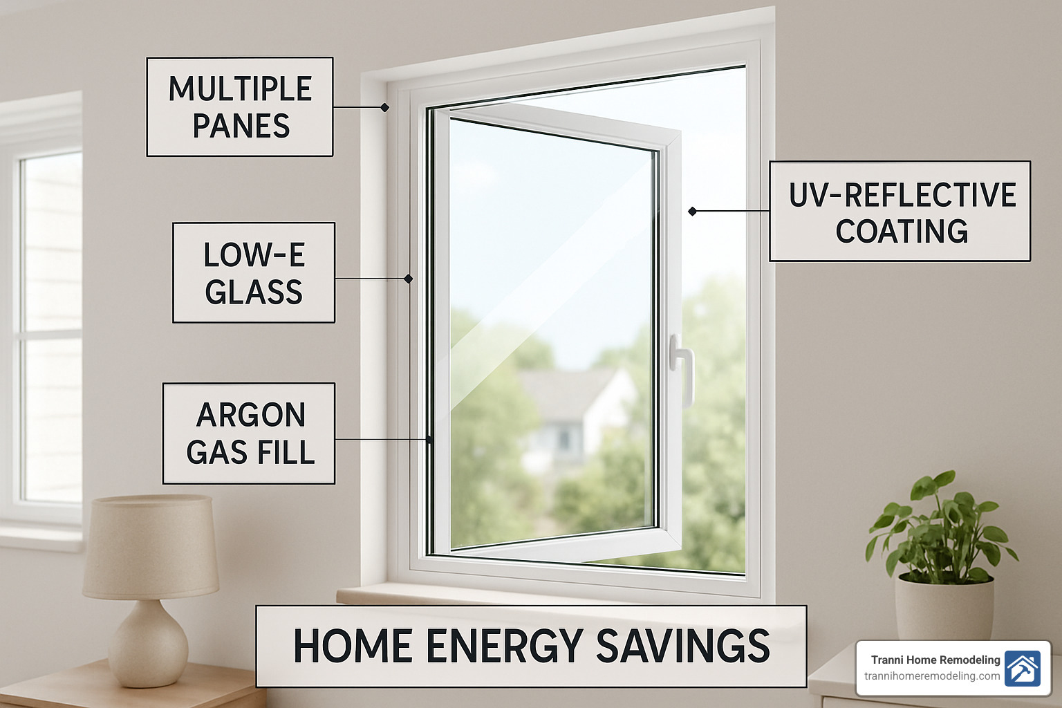Modern casement window with Low-E glass and argon fill showing energy efficiency features - contractors for window replacement