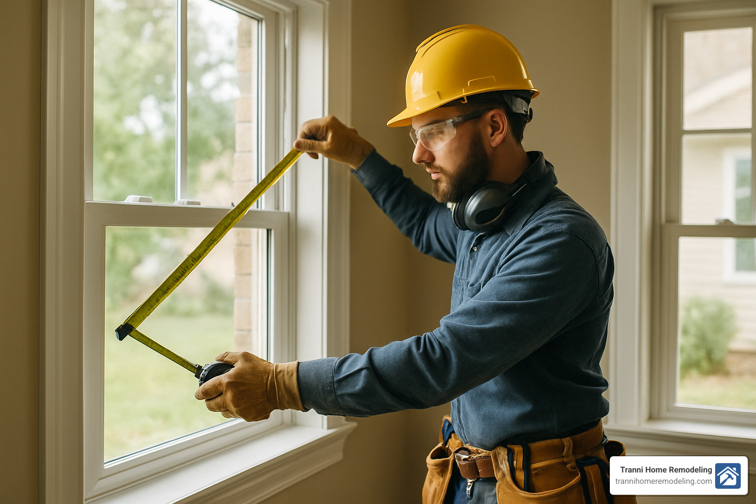 Professional contractor inspecting window frame and measuring for proper fit - contractors for window replacement
