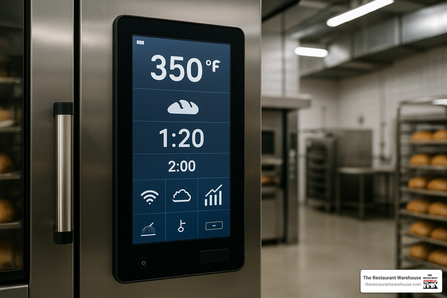 Modern industrial oven control panel showing smart touchscreen interface with IoT monitoring capabilities - industrial ovens for baking