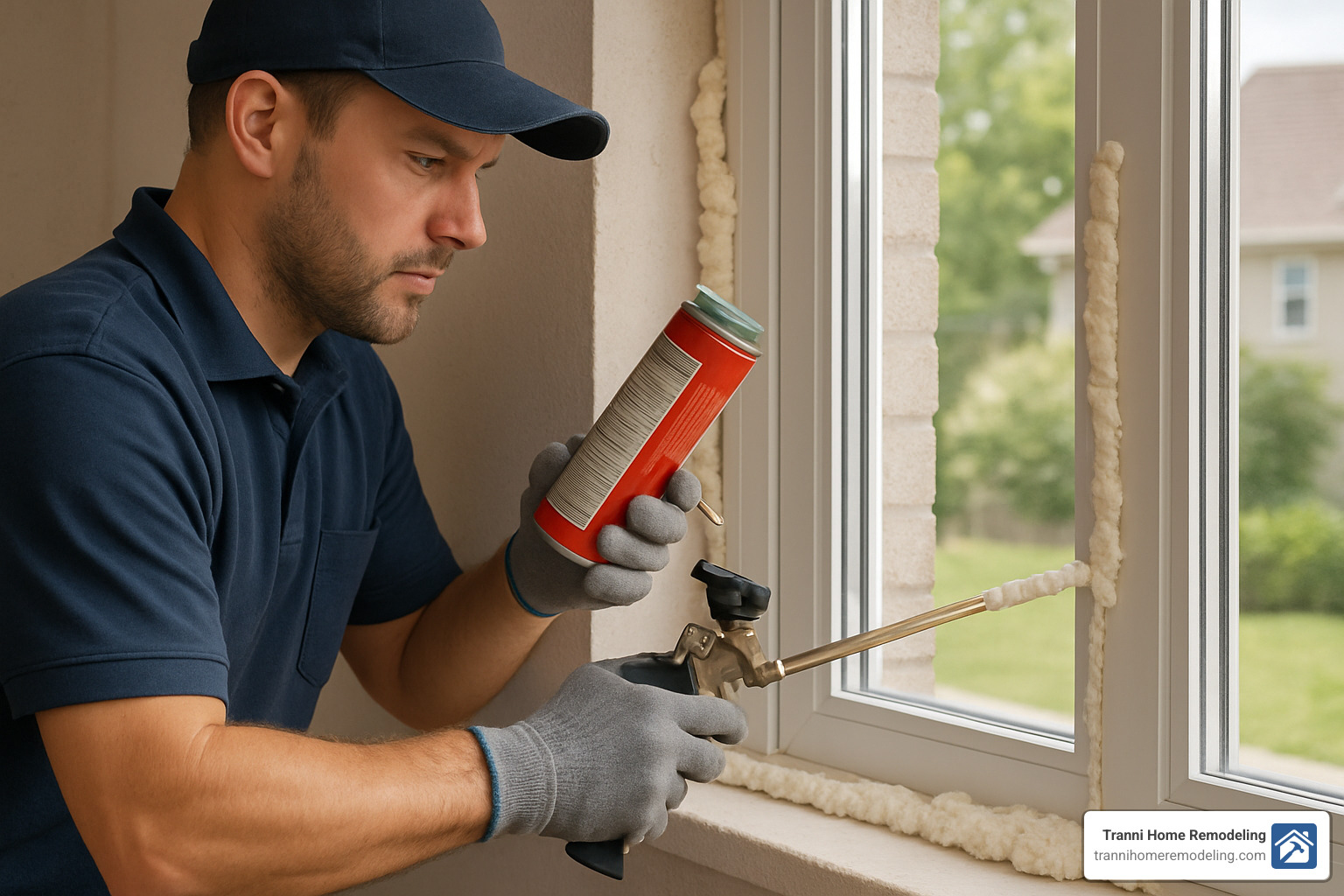 Professional installer applying expanding foam insulation around window frame to prevent air leaks - contractors for window replacement