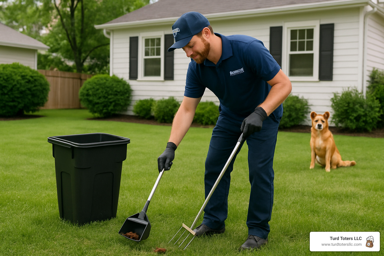 pet waste removal technician working in yard - affordable pet waste cleanup