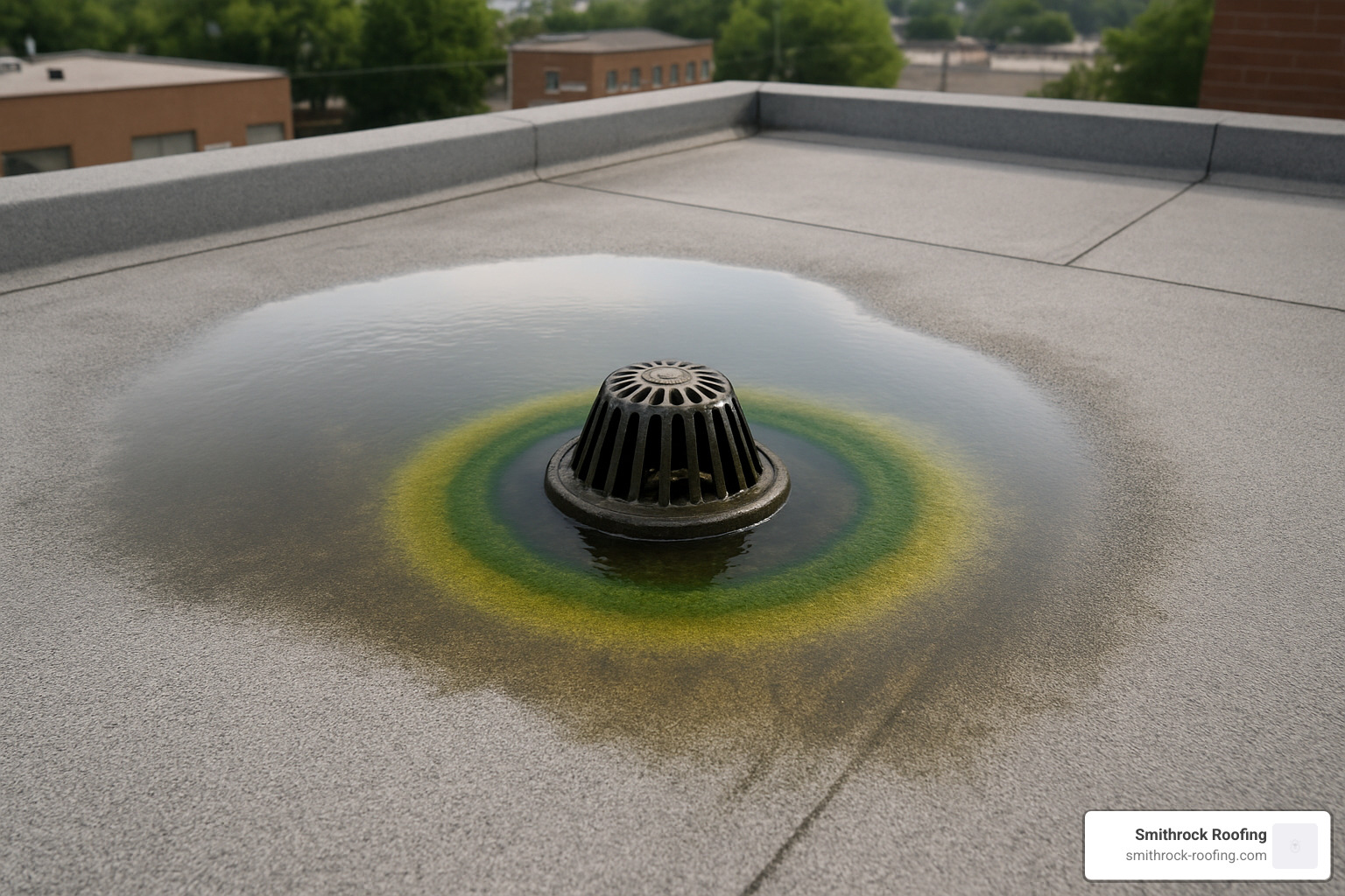 algae ring formation around roof drain - ponding and vegetation on roof