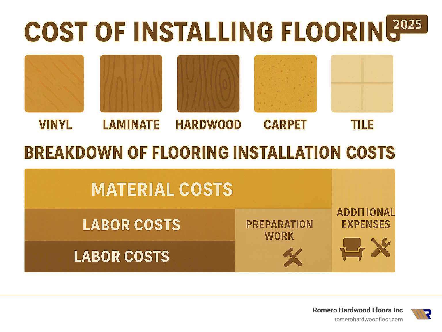 Detailed breakdown of flooring installation costs showing material costs, labor costs, preparation work, and additional expenses like furniture moving and subfloor repair across different flooring types - cost of installing flooring infographic