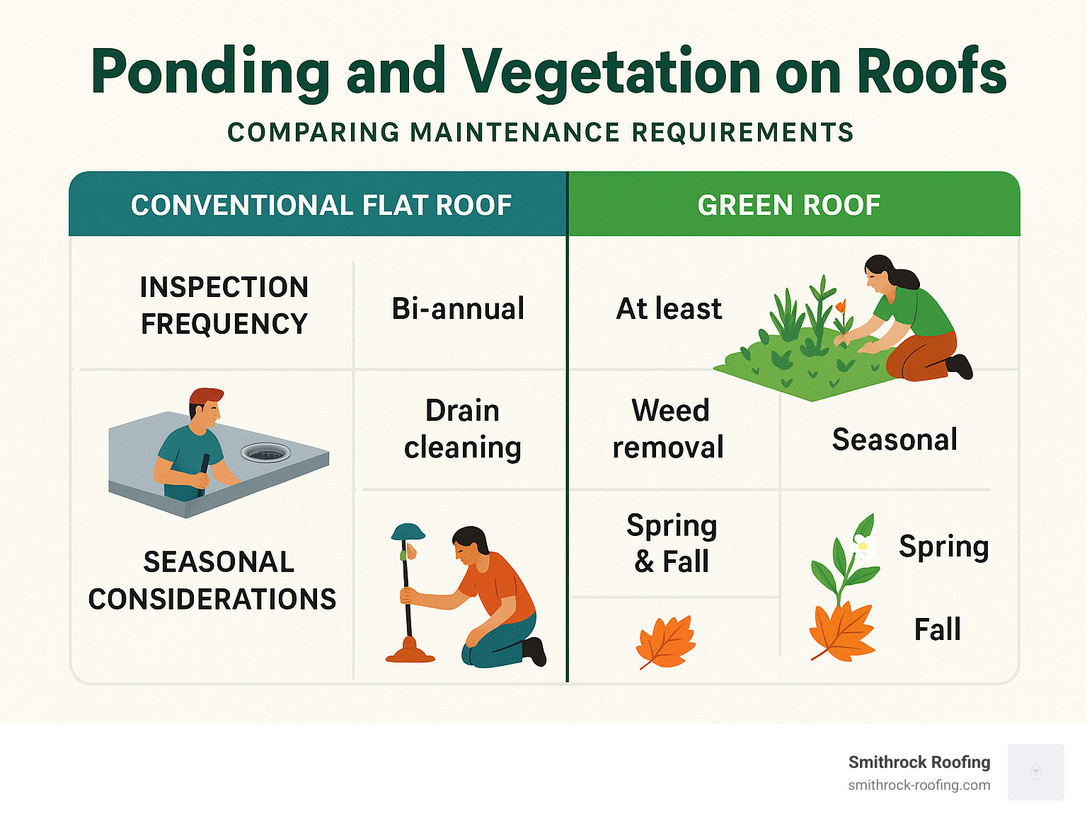 Comparison table showing maintenance requirements for conventional flat roofs versus green roofs, including frequency of inspections, types of tasks, and seasonal considerations - ponding and vegetation on roof infographic 