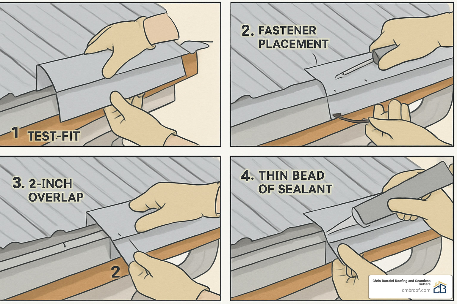 sequence showing proper fastener placement and overlap technique - installing drip edge on existing metal roof