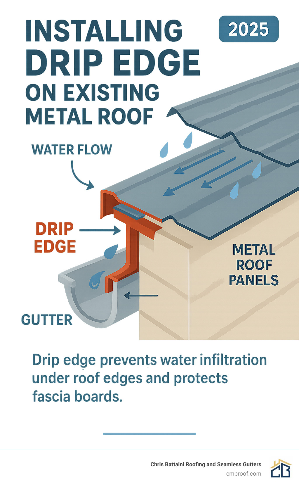 Detailed infographic showing water flow path from metal roof panels through drip edge into gutters, with cross-section view highlighting how drip edge prevents water infiltration under roof edges and protects fascia boards - installing drip edge on existing metal roof infographic