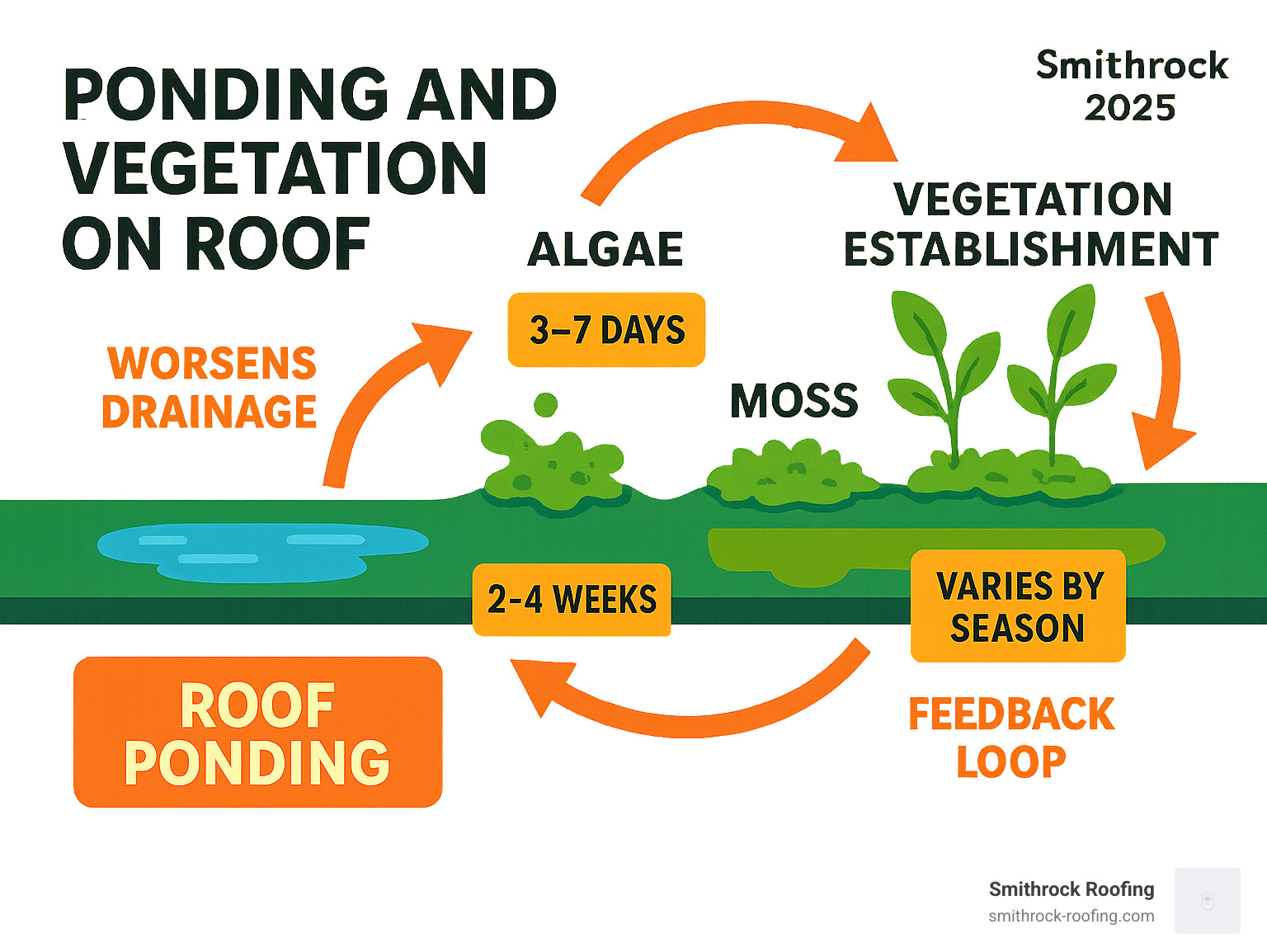Detailed infographic showing the progression from roof ponding to vegetation establishment, including timeline of algae growth (3-7 days), moss development (2-4 weeks), and seed germination (varies by season), with arrows indicating how each stage worsens drainage and creates feedback loops - ponding and vegetation on roof infographic 