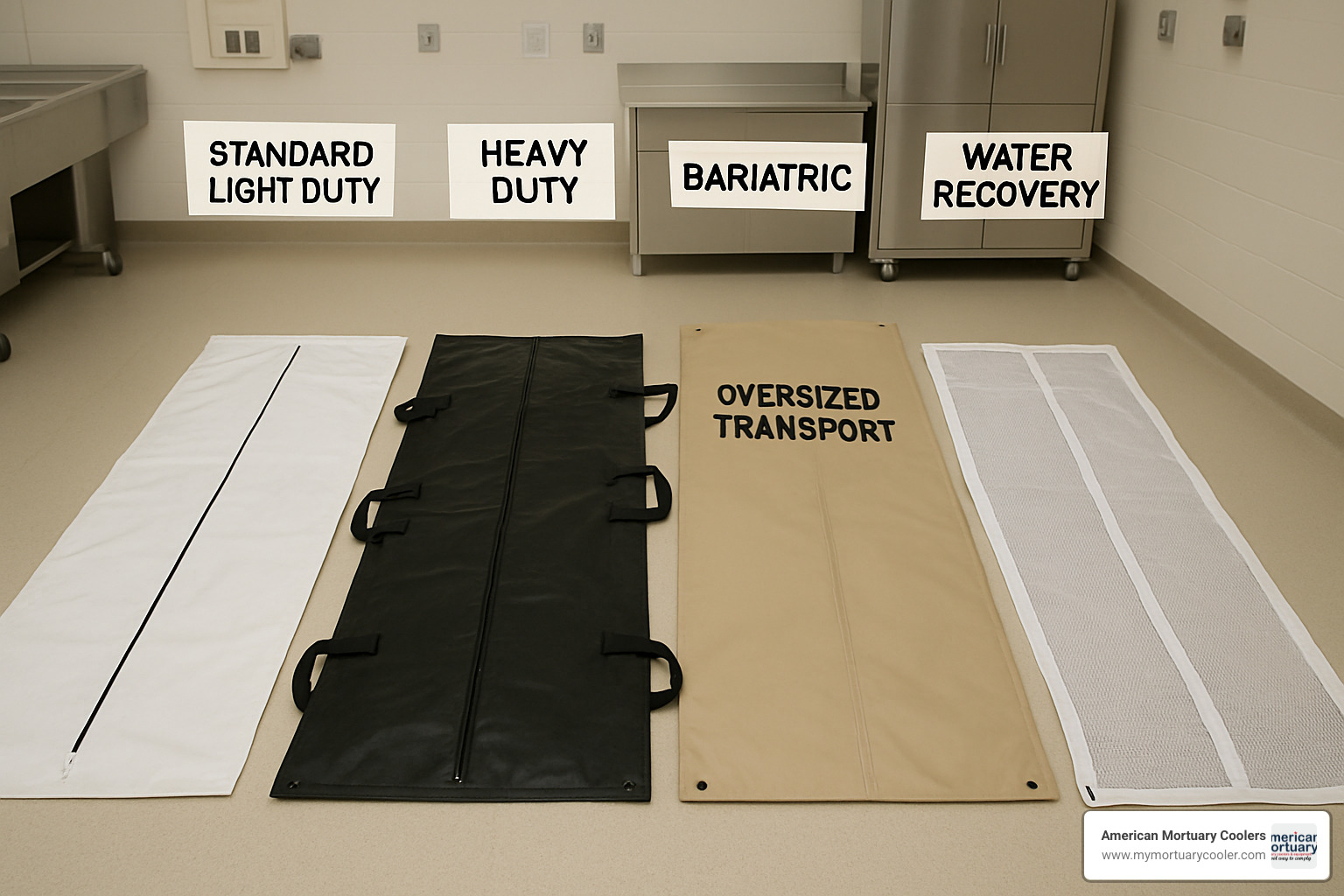 Different types of body bags showing light duty, heavy duty, bariatric, and specialized mesh recovery bags - body bags for dead bodies