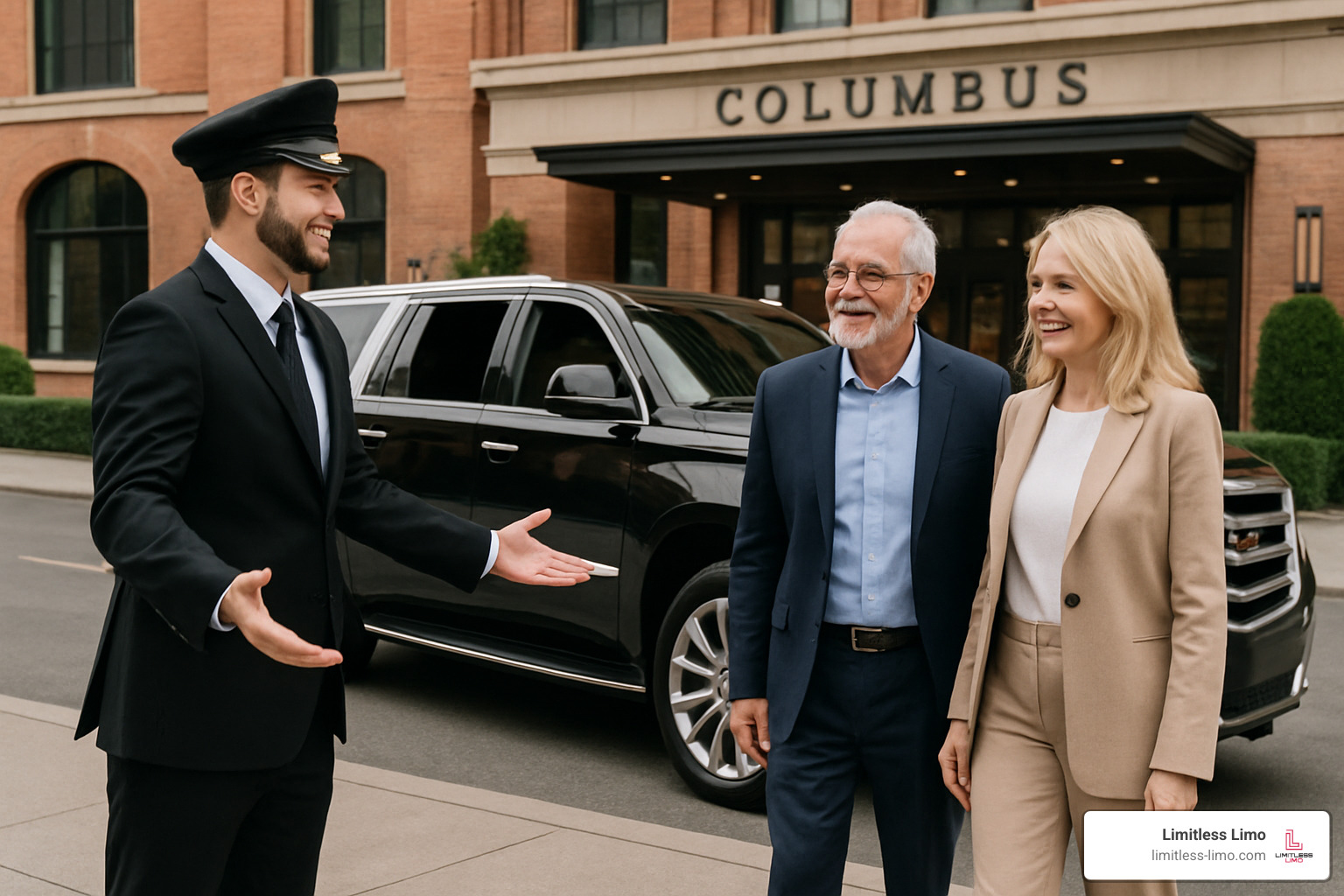 Professional chauffeur greeting clients at luxury vehicle - Columbus black car service