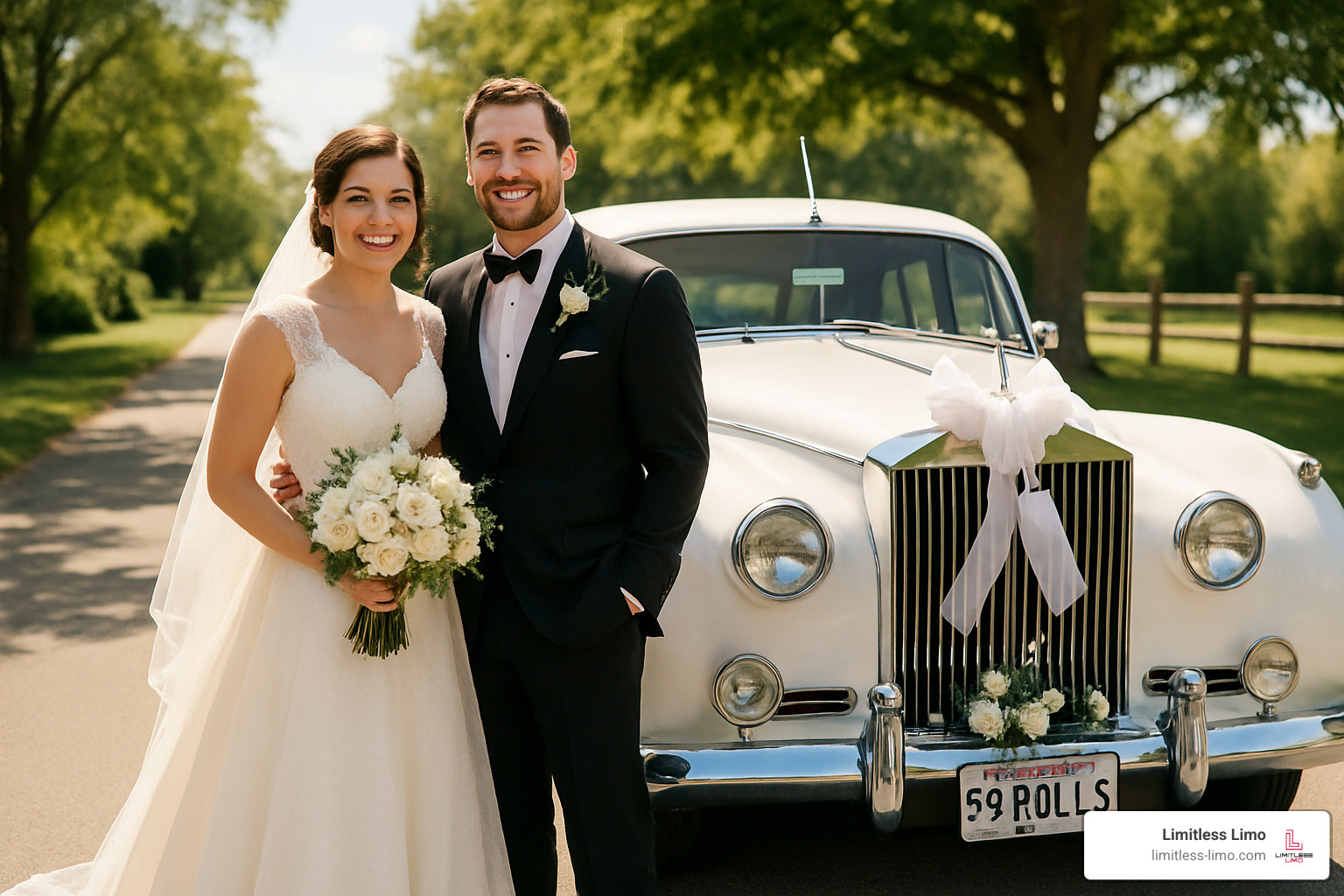 Classic 1959 Rolls Royce wedding send-off with happy couple - Columbus black car service