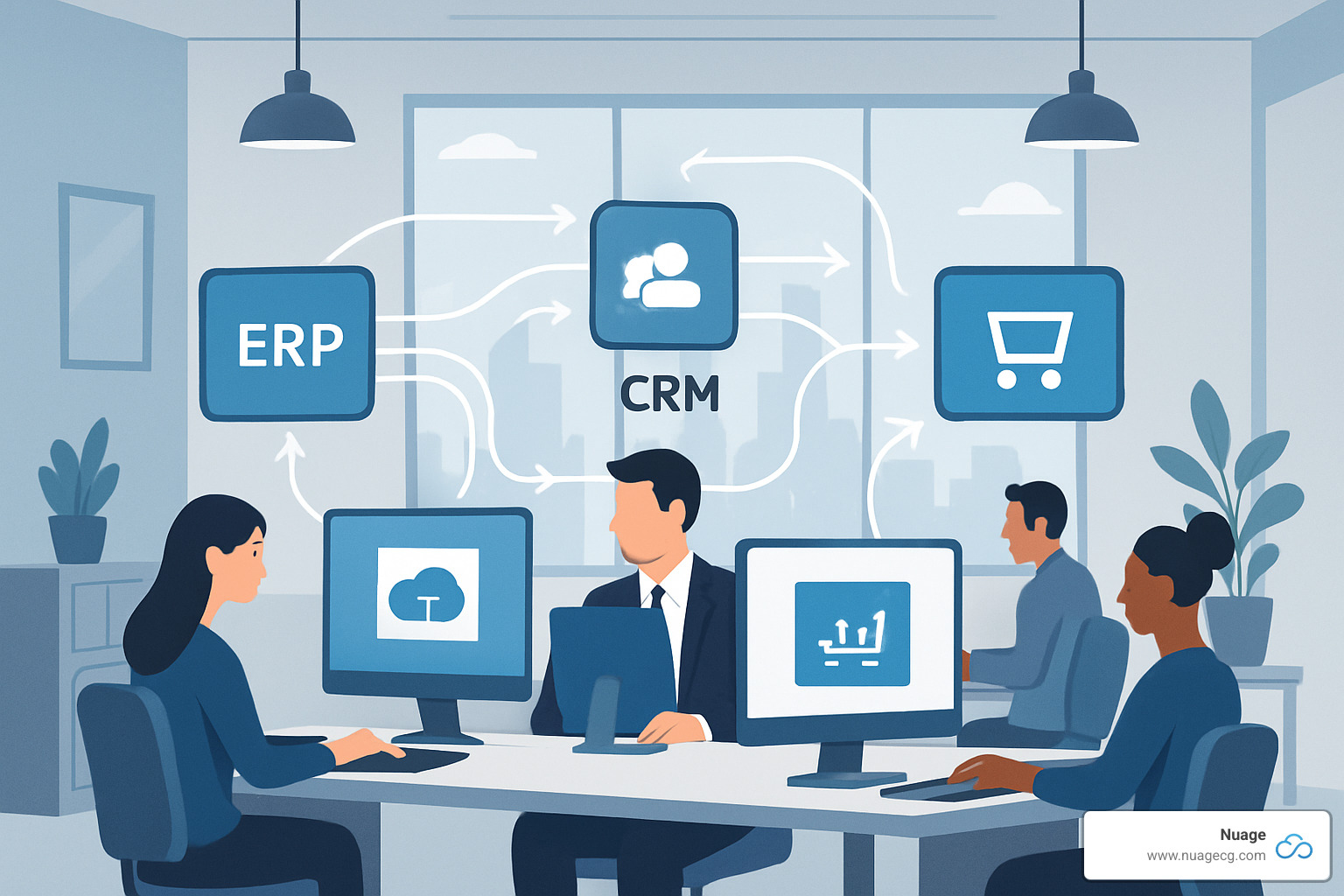 Connected business systems showing data flowing seamlessly between different applications - netsuite erp integration