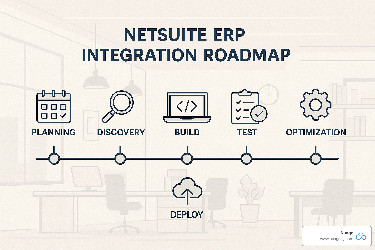 Integration roadmap showing phases from planning through optimization with timeline and key milestones - netsuite erp integration