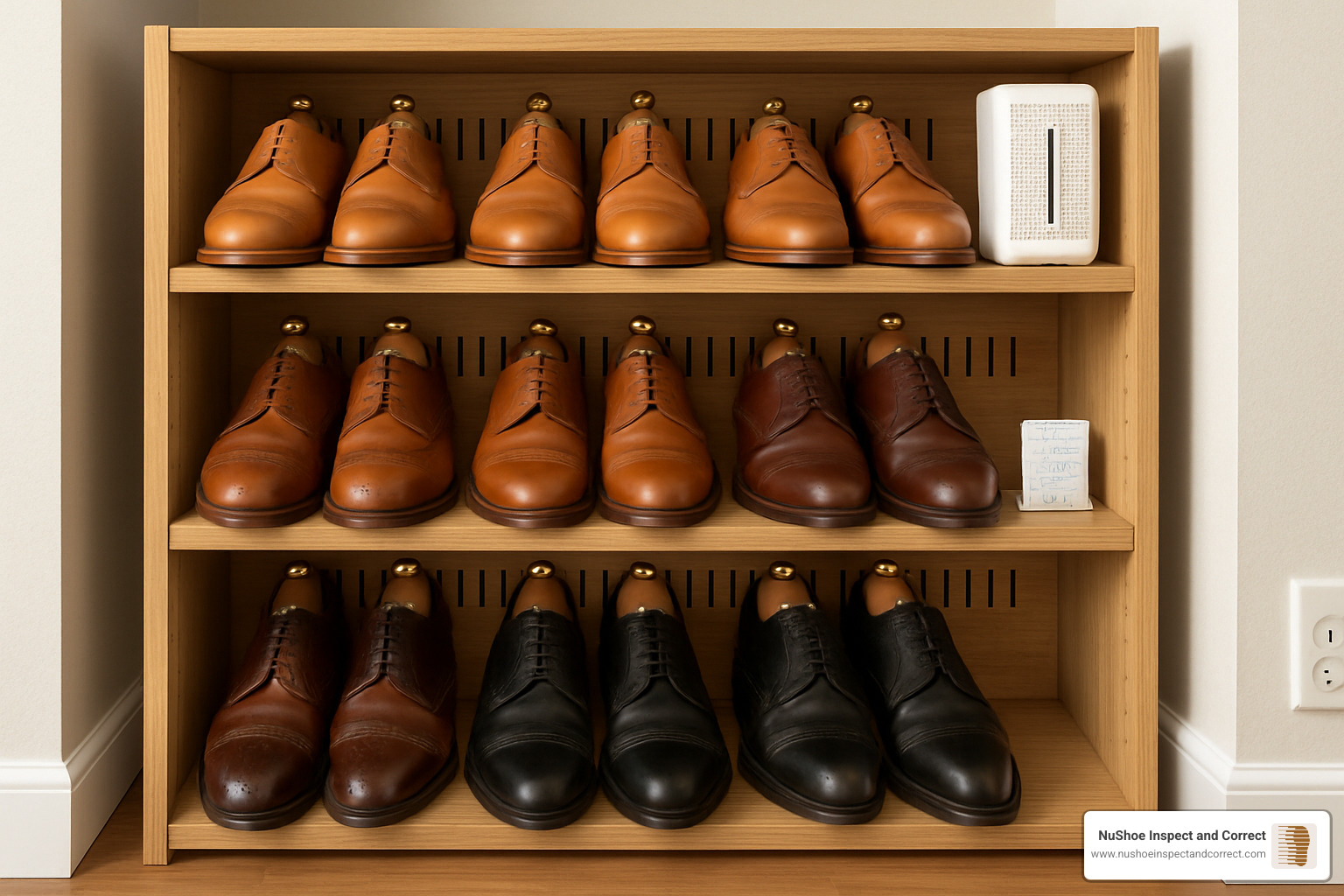 Well-organized shoe storage with proper ventilation and moisture control - leather shoe mold removal