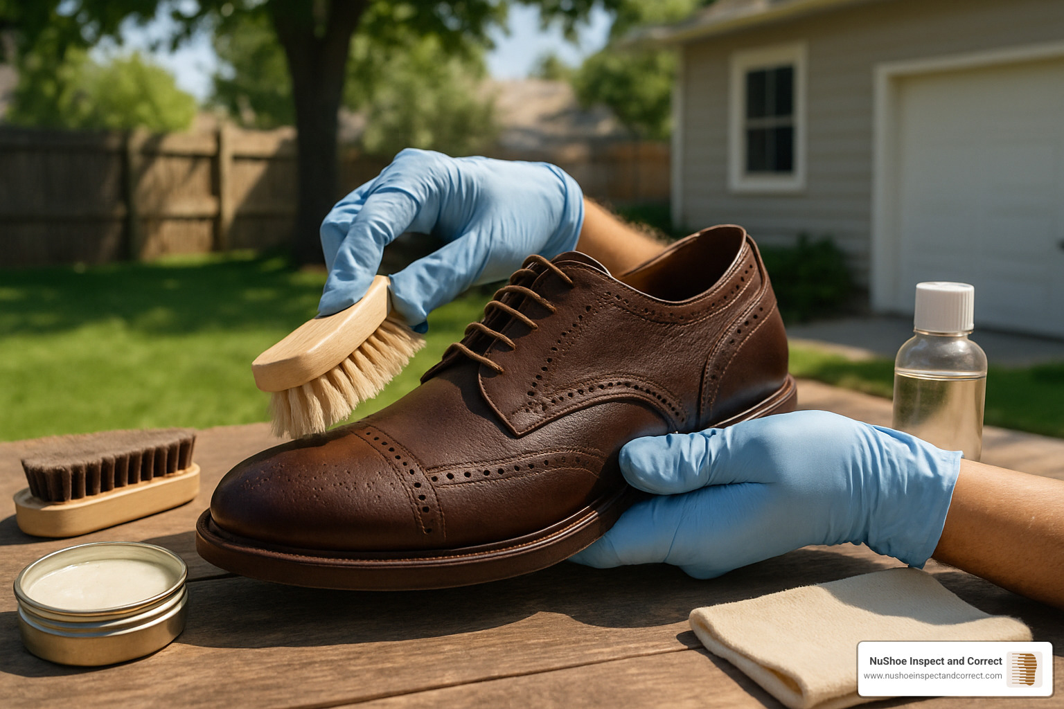 Step-by-step leather shoe cleaning process showing hands in gloves working outdoors - leather shoe mold removal
