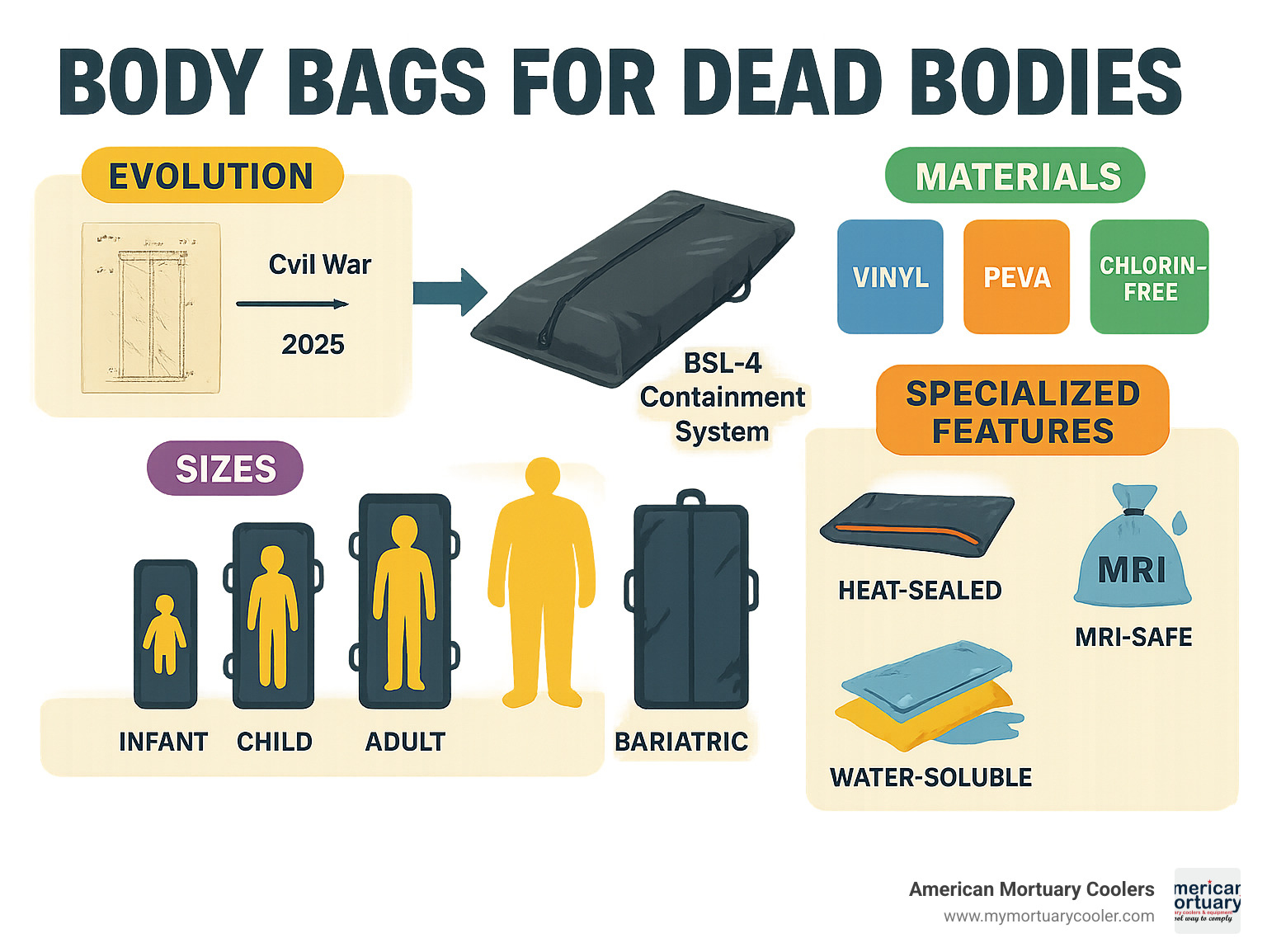 Comprehensive infographic showing the evolution of body bags from 1863 Civil War patent to modern BSL-4 containment systems, including material types (vinyl, PEVA, chlorine-free), size categories (infant to bariatric), and specialized features (heat-sealed, MRI-safe, water-soluble) - body bags for dead bodies infographic 
