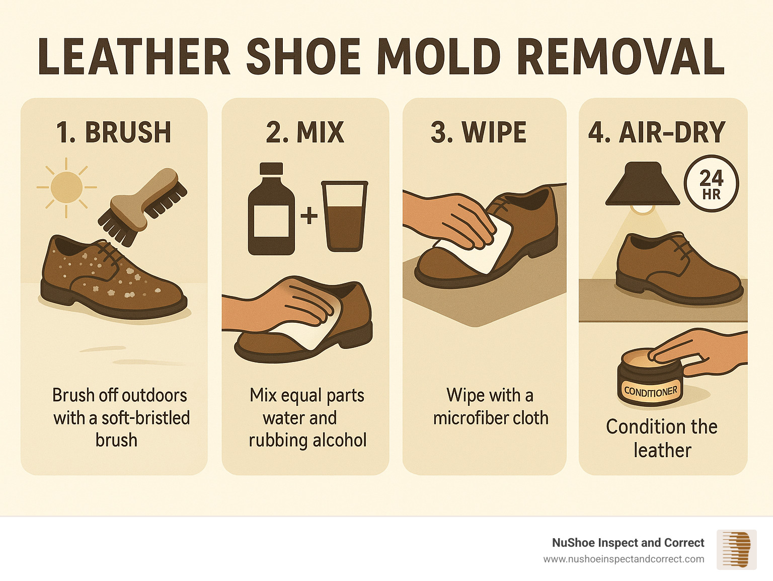 Detailed infographic showing the 5-step leather shoe mold removal process: outdoor brushing, alcohol solution mixing, wiping technique, proper air-drying setup, and leather conditioning application with timing indicators for each step - leather shoe mold removal infographic 