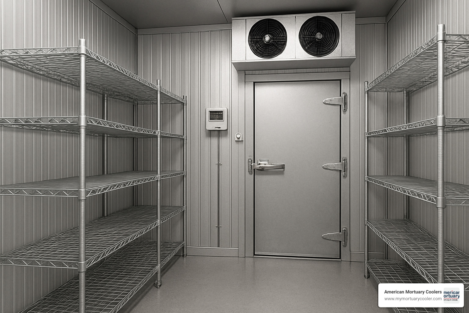 CAD-designed cooler interior showing optimal layout for different industries including adjustable shelving systems, specialized door configurations, and temperature monitoring equipment - American-cooler