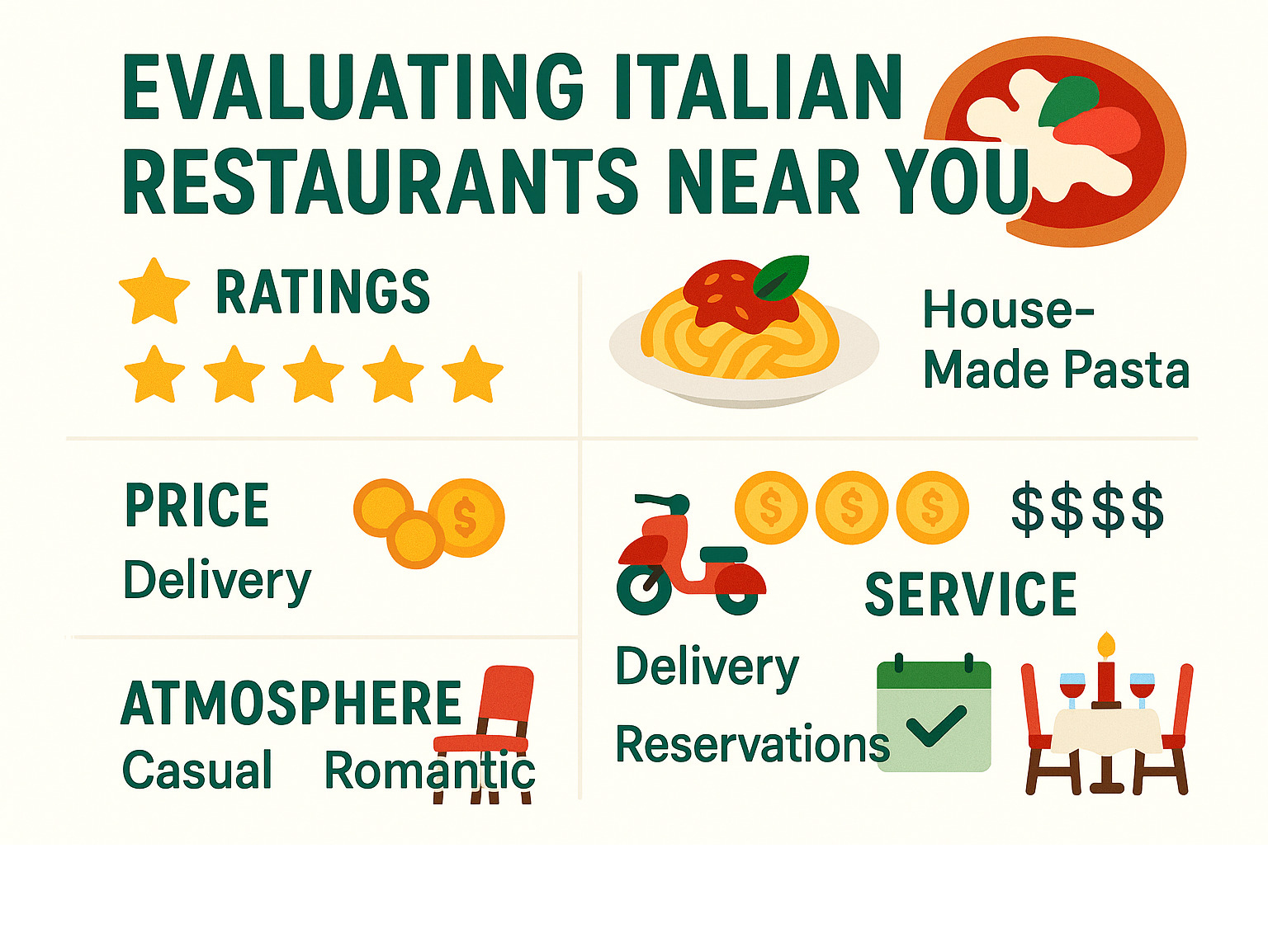 Comprehensive guide showing how to evaluate Italian restaurants near you, including rating systems, menu authenticity indicators, price ranges from budget to fine dining, service features like delivery and reservations, and atmosphere types from casual family spots to romantic date venues - italian restaurants near me infographic 