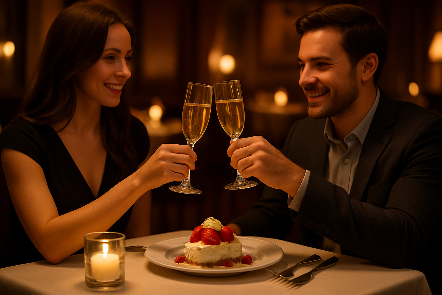 Couple toasting over dessert in romantic restaurant setting - romantic restaurants near me