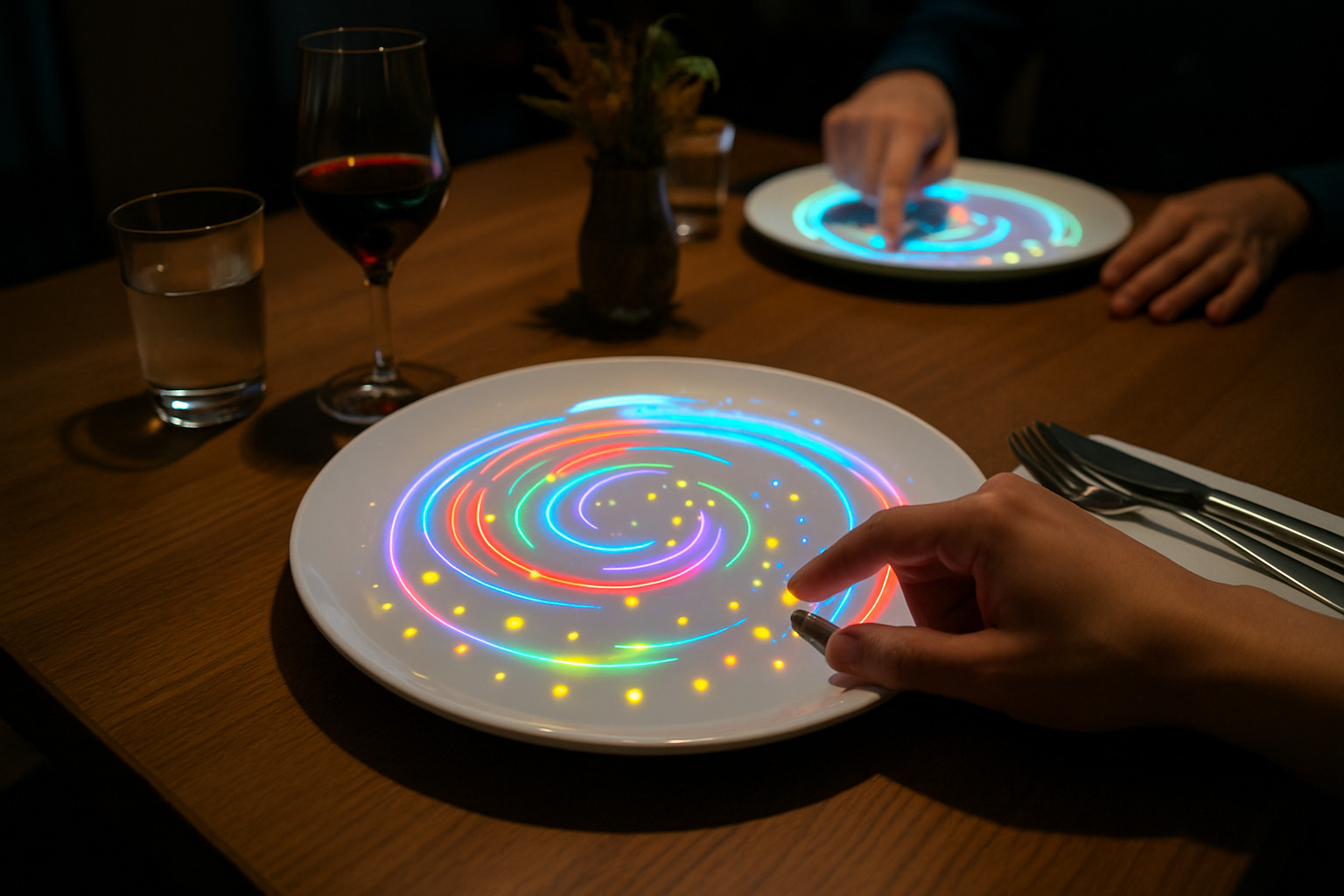 projection-mapped dining plate with interactive visual elements - restaurants near me