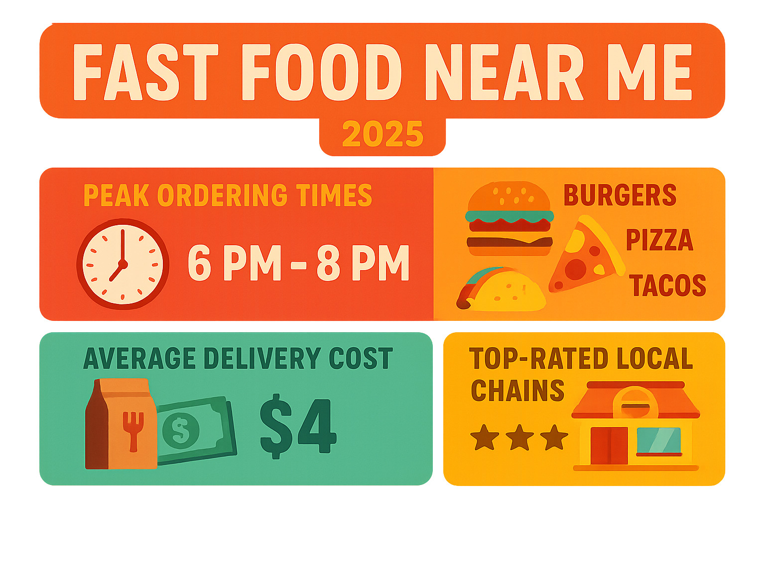 Infographic showing fast food search trends including peak ordering times, most popular cuisines, average delivery costs, and top-rated local chains in major metropolitan areas - fast food near me infographic 