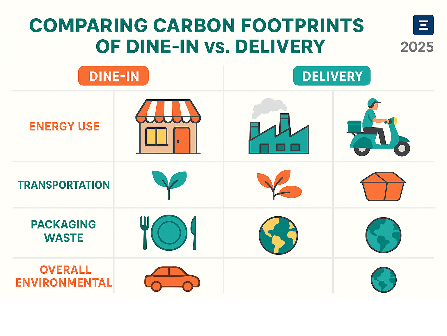 Infographic comparing carbon footprints of dine-in versus delivery dining options, showing energy usage, transportation emissions, packaging waste, and overall environmental impact metrics - restaurants near me infographic 