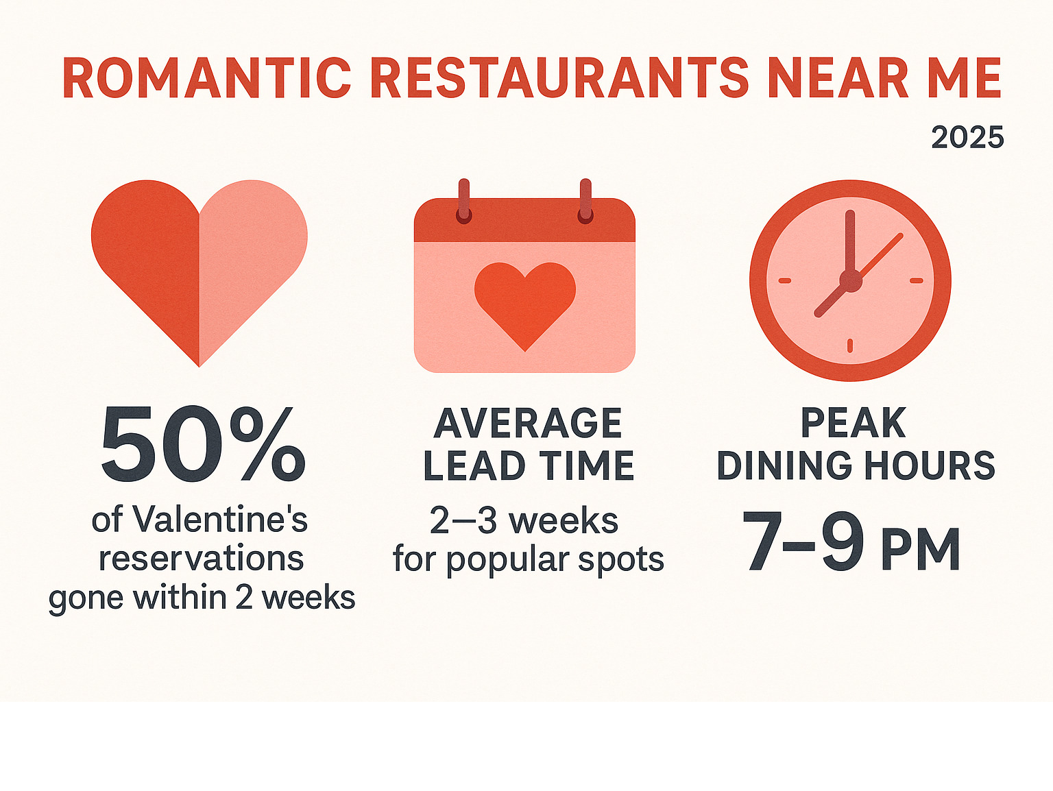 Romantic infographic showing booking statistics: 50% of Valentine's reservations gone within 2 weeks, average 2-3 week lead time for popular spots, and peak dining hours from 7-9 PM - romantic restaurants near me infographic 