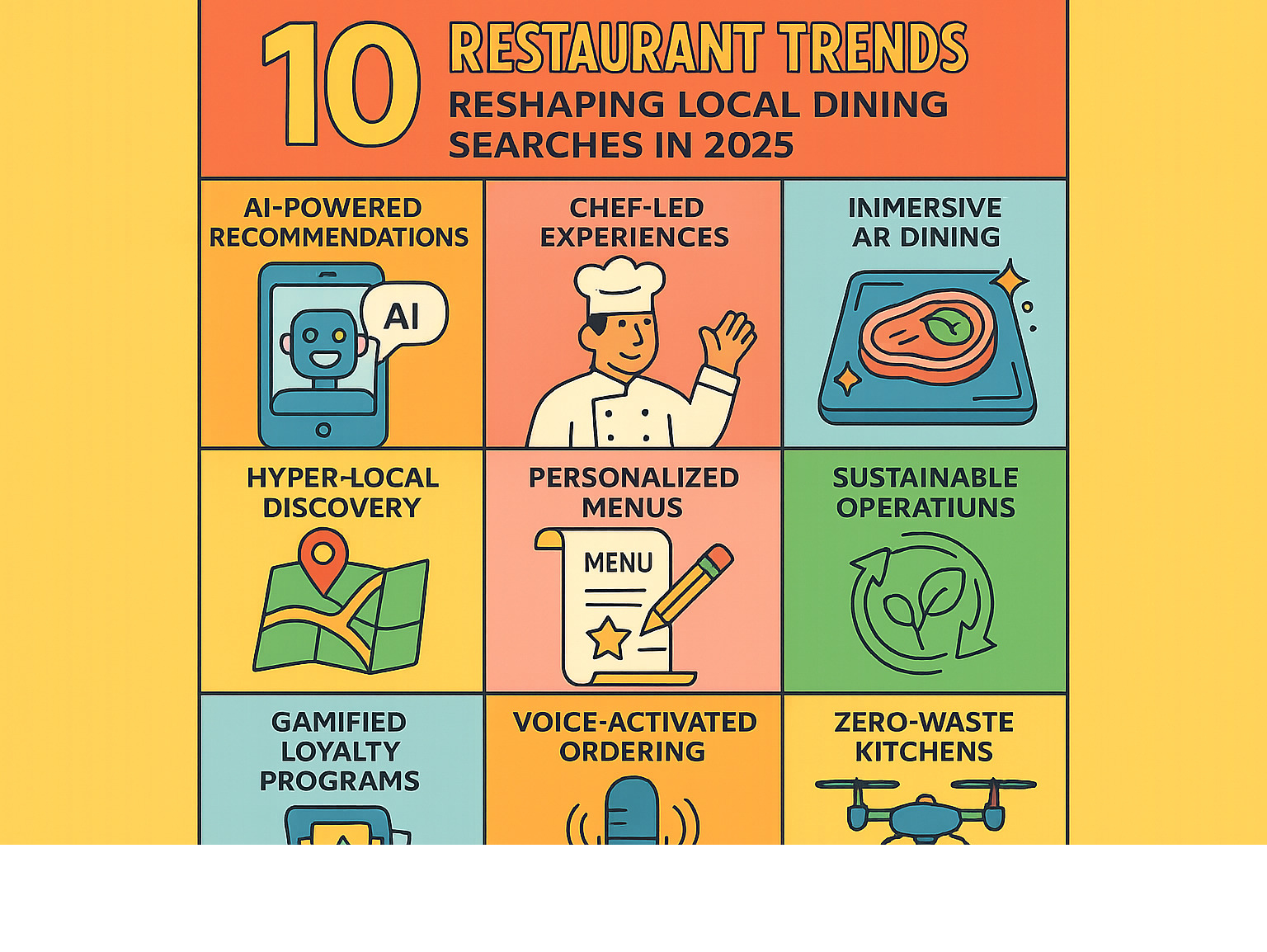 Infographic showing the top 10 restaurant trends reshaping local dining searches in 2025, including AI-powered recommendations, chef-led experiences, immersive AR dining, hyper-local findy, personalized menus, sustainable operations, gamified loyalty programs, voice-activated ordering, zero-waste kitchens, and drone delivery services - restaurants near me infographic 