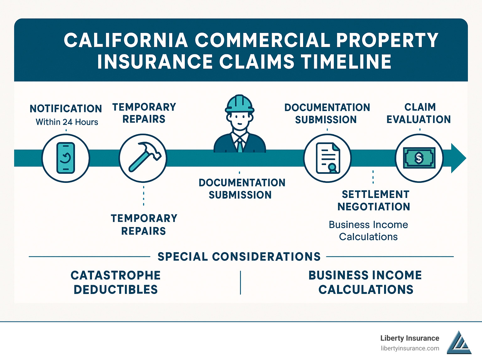 79fce392c03104b20180cbd8c0e5a3fa884ae89d Navigating Commercial Property Insurance for California Businesses Discover how to secure commercial property insurance california, lower costs, and protect your business from wildfire and earthquake risks. Detailed infographic showing California commercial property insurance claims timeline from immediate notification within 24 hours through temporary repairs, adjuster inspection, documentation submission, claim evaluation, settlement negotiation, and final payment, with special considerations for catastrophe deductibles and business income calculations - commercial property insurance california infographic
