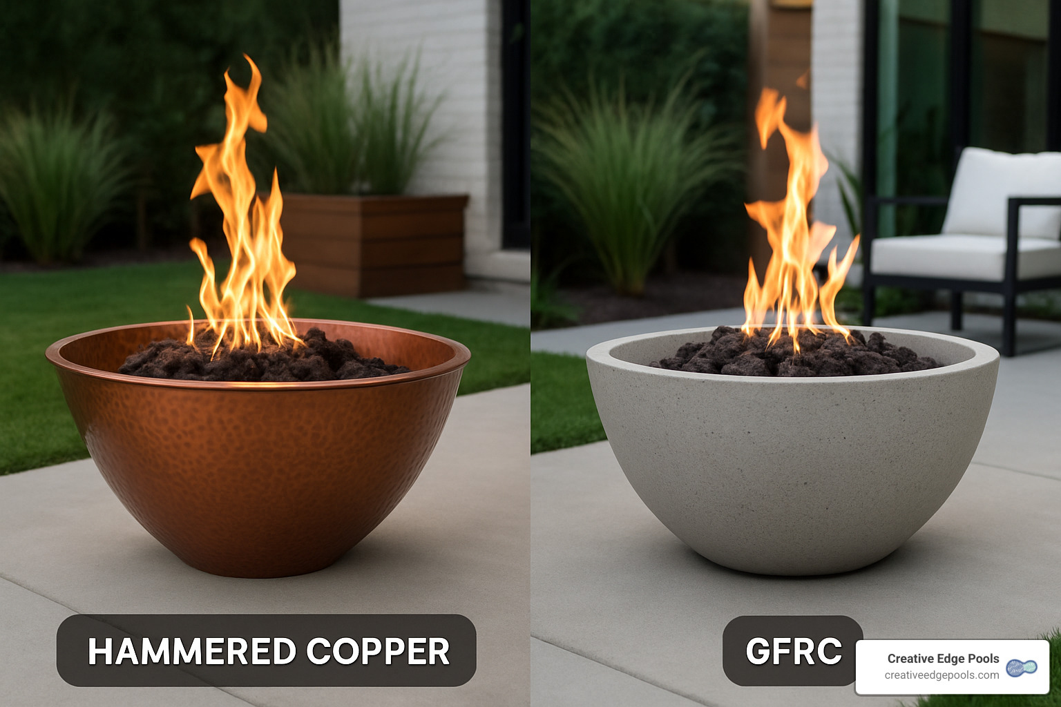 copper vs GFRC material comparison - fire and water features