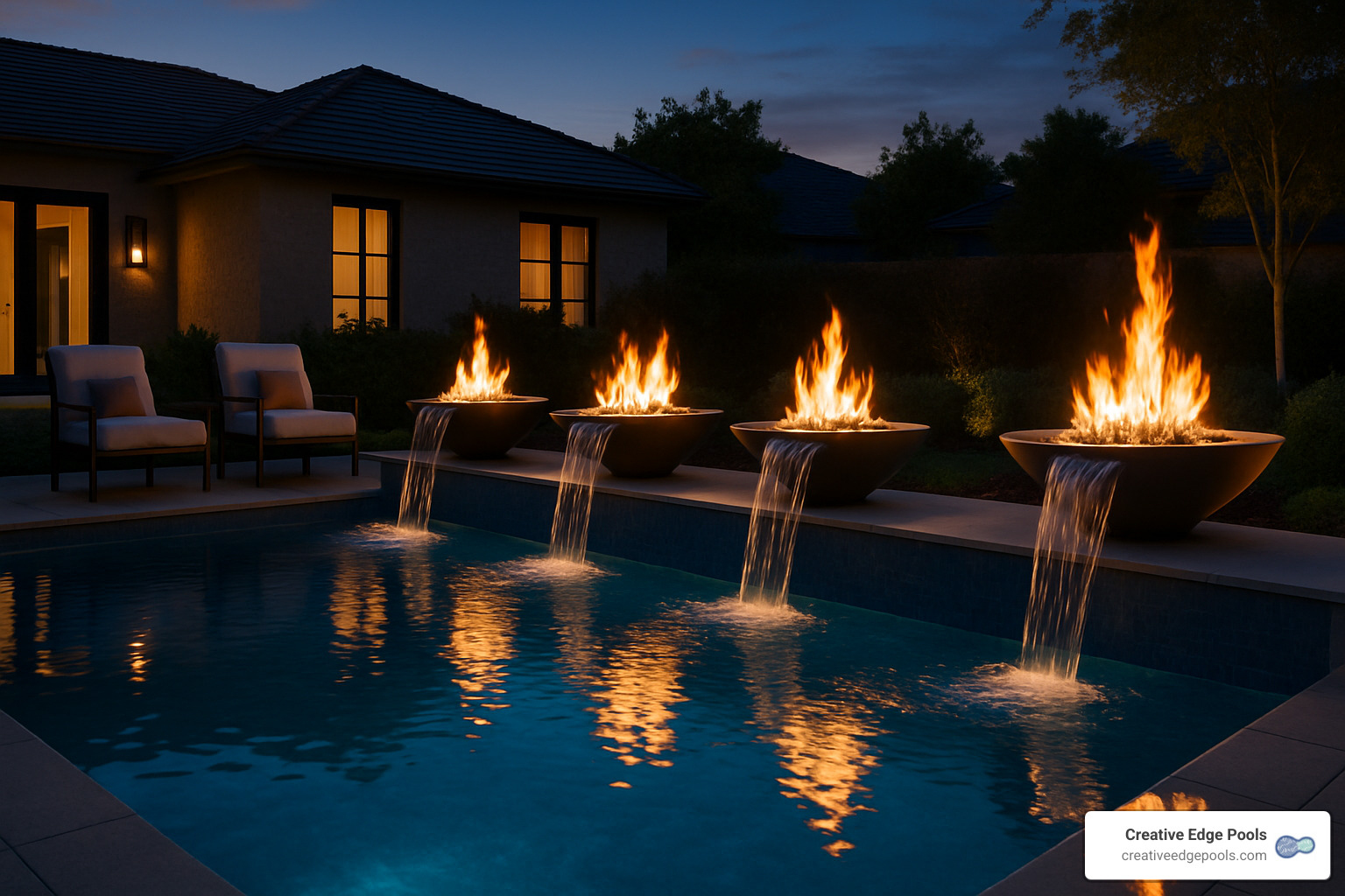 fire and water bowls arranged beside pool - fire and water features