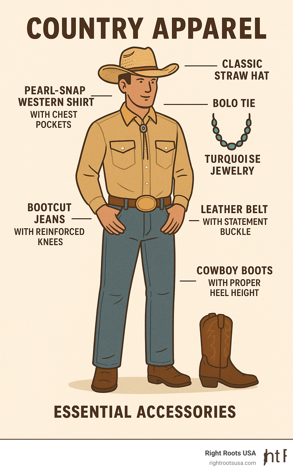 Detailed infographic showing the anatomy of a complete country outfit with labeled components: bootcut jeans with reinforced knees, pearl-snap western shirt with chest pockets, leather belt with statement buckle, cowboy boots with proper heel height, and classic straw hat, plus essential accessories like turquoise jewelry and bolo tie - country apparel infographic 
