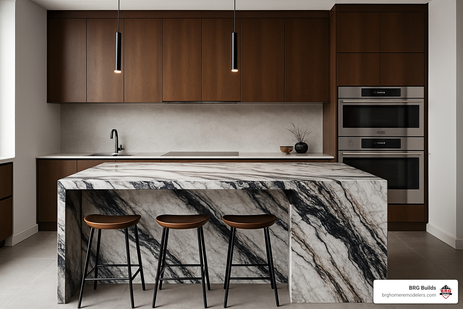 Statement stone kitchen island with waterfall edge and dramatic veining - kitchen remodeling ideas