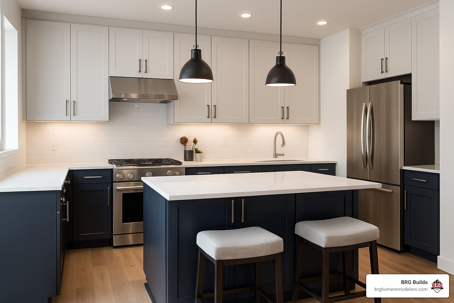 Two-tone kitchen cabinets with dark lower cabinets and light upper cabinets - kitchen remodeling ideas