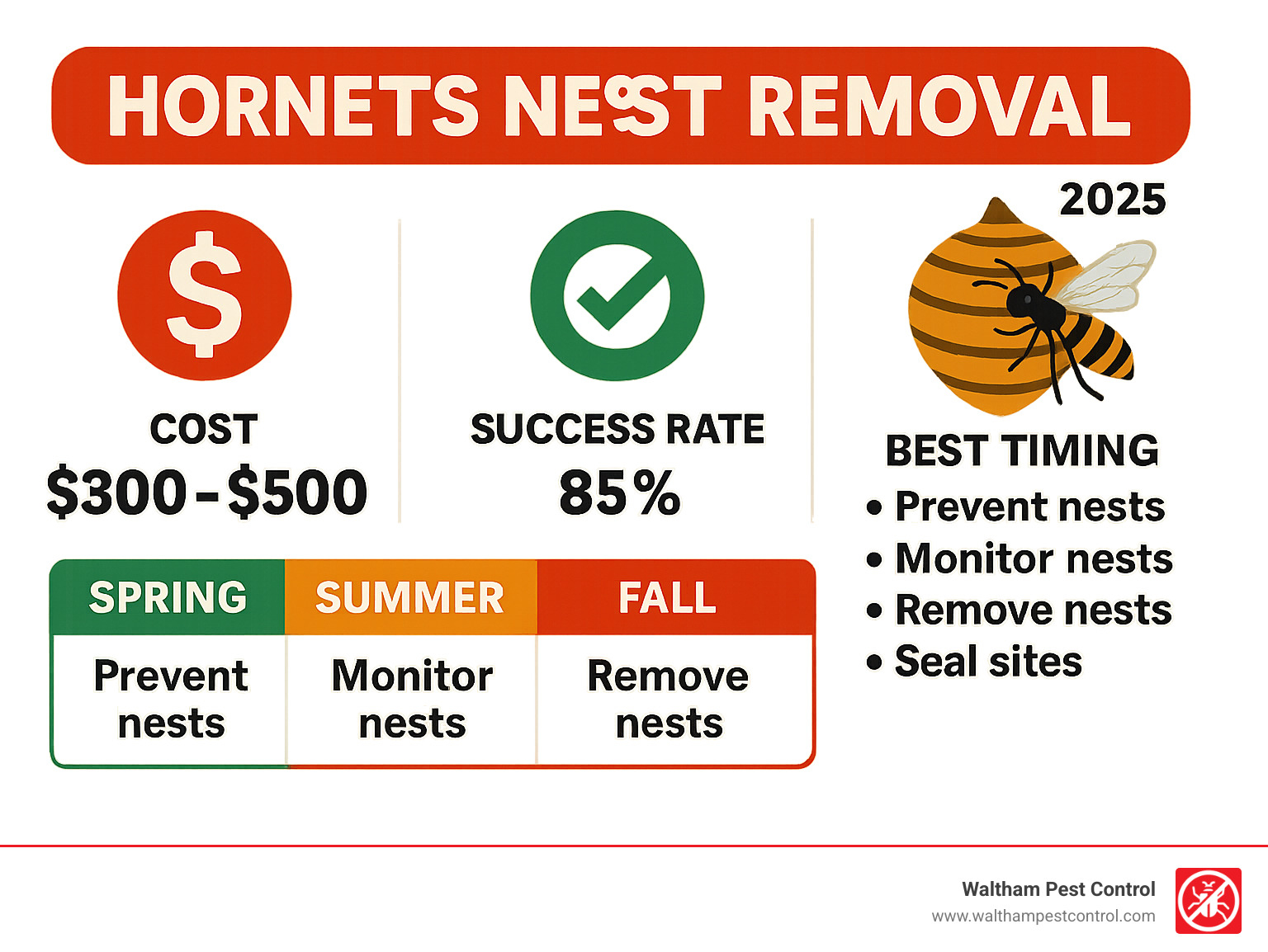 Statistics showing hornet nest removal costs, success rates, and seasonal timing recommendations - hornets nest removal infographic