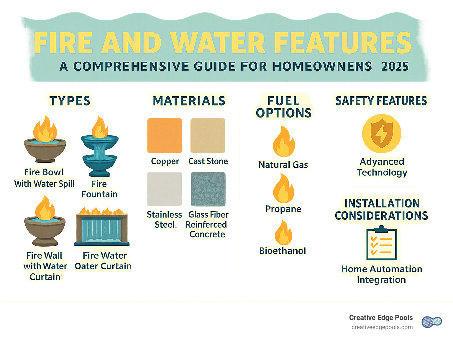 Comprehensive guide showing fire and water feature types, materials, fuel options, safety features, and installation considerations for homeowners planning backyard upgrades - fire and water features infographic 