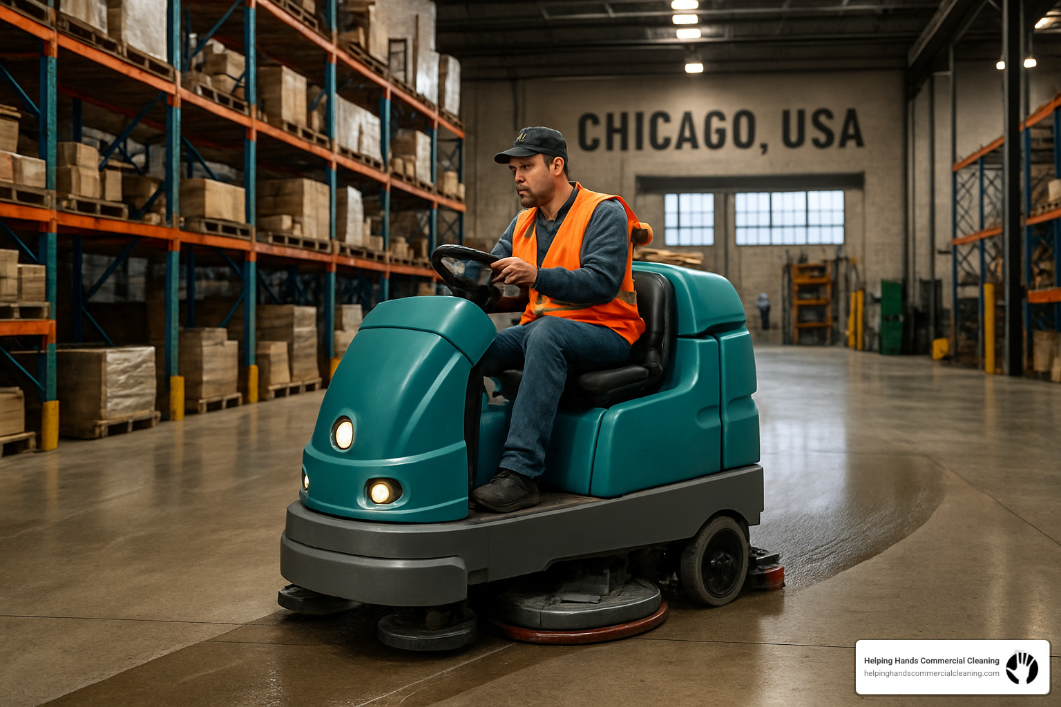 Rider floor scrubber in action on industrial warehouse floor - industrial floor cleaning chicago