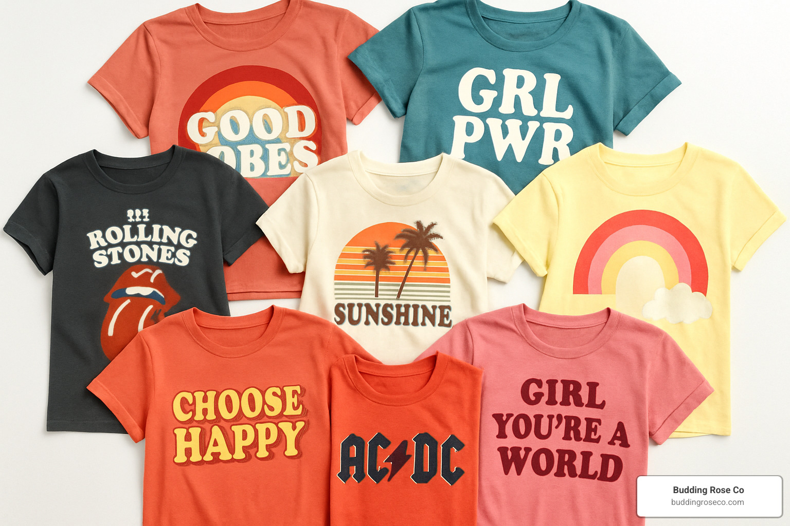 colorful graphic tee flatlay showing various designs and styles - graphic tees for women online